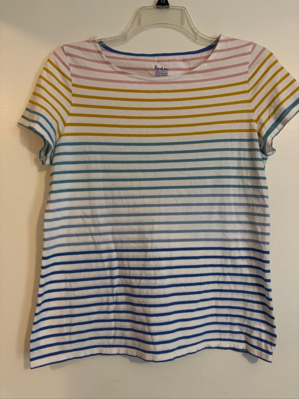 Boden Scoop Neck Striped Tee — Pink, Yellow, Teal, Blue on White